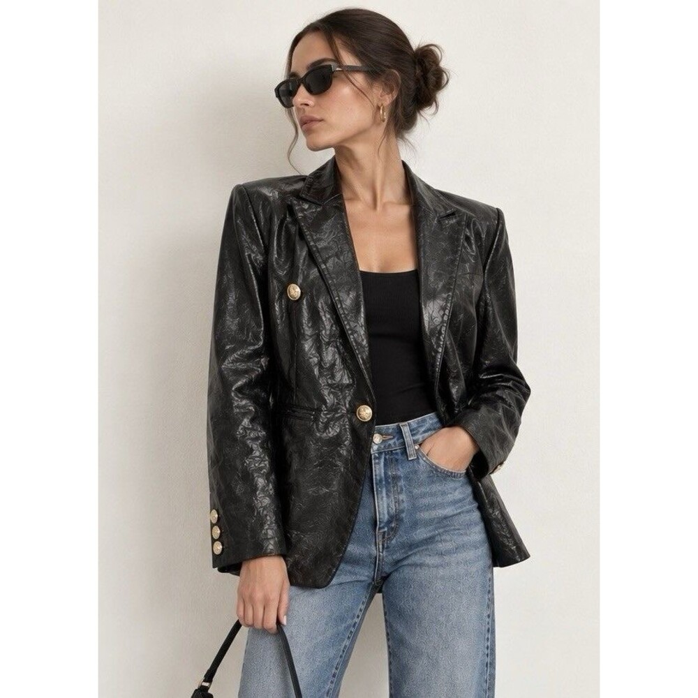 Walter Baker Black 100% Lambskin Leather High Shine Double Breasted Blazer L